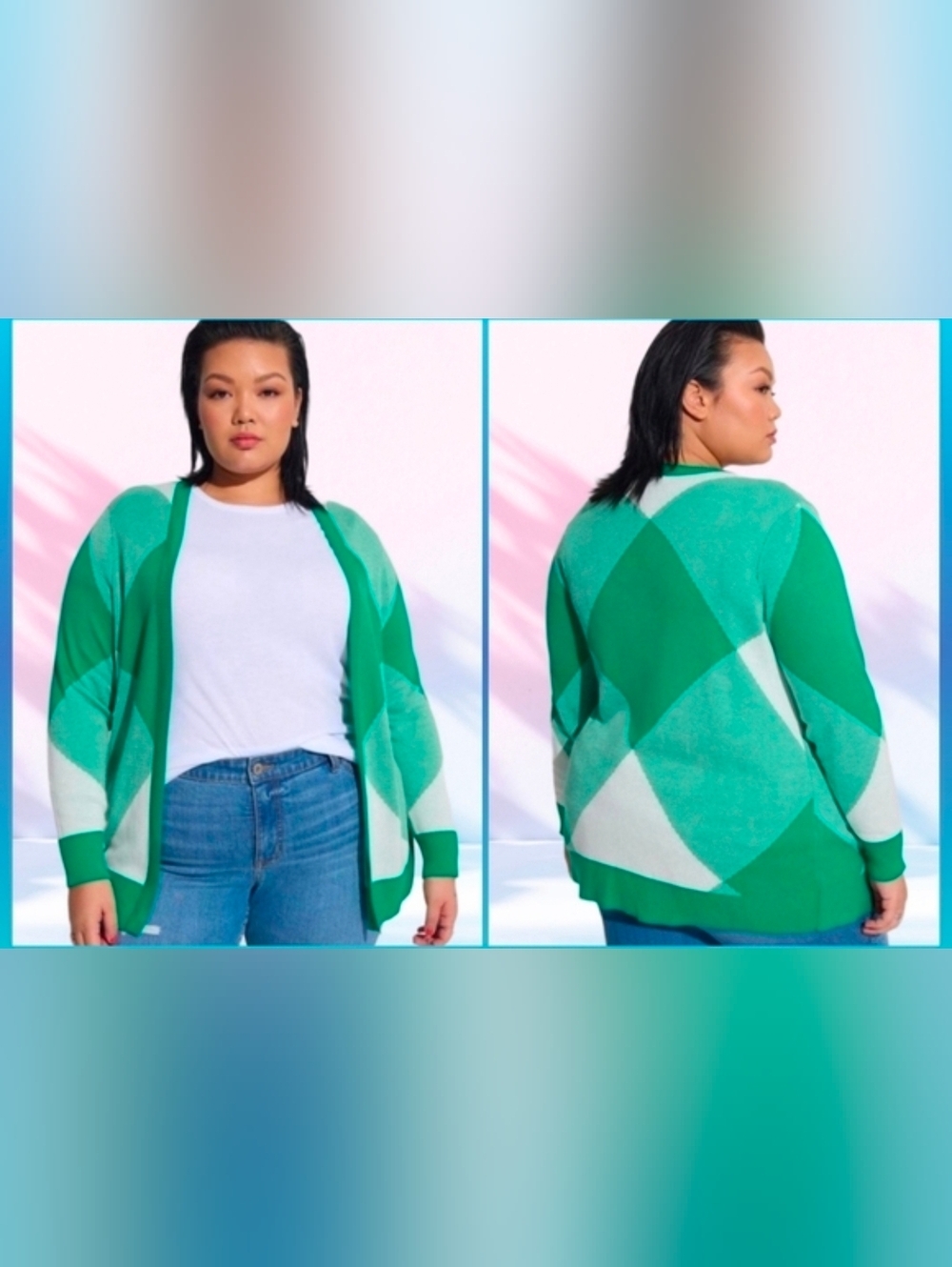 Torrid Green & Mint Argyle Diamond-Pattern Open Cardigan